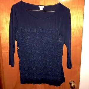 J. Crew Top Navy Blue Placed Daisy Lace 3/4 Sleeve Preppy Women's Casual Shirt